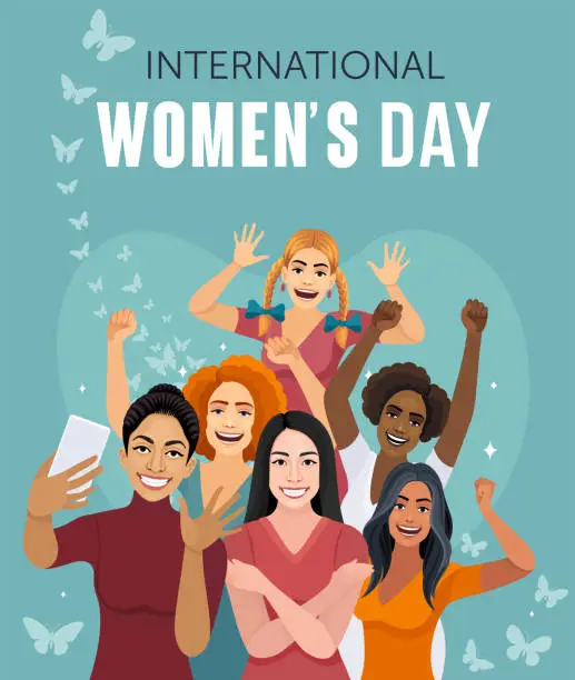 Vector illustration of International Women’s Day Banner. Multiracial Group of Women.