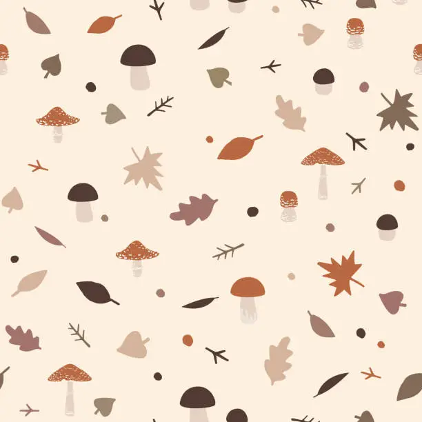 Vector illustration of Cute Amanita and porcini mushrooms and autumn leaves doodle seamless pattern. Fall elements, Forest natural fly agaric vector background