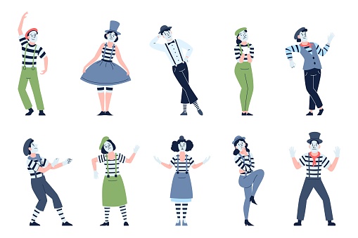 Mimes characters. French street theater artists. Performance and pantomime comedian actors. Mime with facial mask, isolated recent vector flat set of comedian person tourism illustration