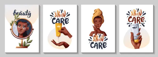 Vector illustration of Set of posters with dark skin woman, hands with creams.