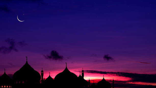 istock Night Sky with Star,Islamic card with Mosques dome,Crescent moon on Sunset sky,  Ramadan Night with twilight dusk sky for Islamic religion,Eid al-Adha,Eid Mubarak,Eid al fitr,Ramadan Kareem,Muharram 2029982684