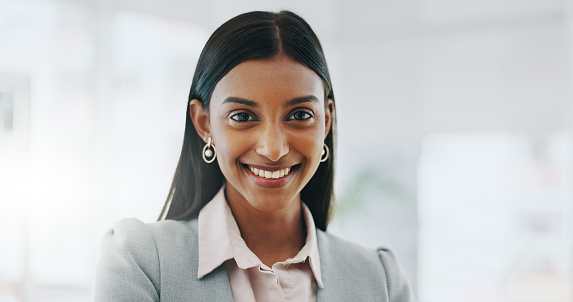 Happy business woman, face and manager of professional in corporate success at office. Portrait of female person, leader or employee smile in happiness for career ambition or opportunity at workplace