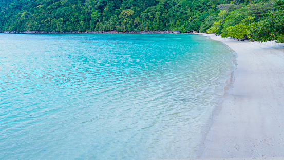 white sand beach with Tropical Island Aerial View. Wild coastline lush exotic green jungle.