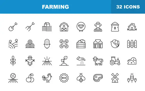 Vector illustration of Farming Line Icons. Editable Stroke. Contains such icons as Farm, Agriculture, Animal, Tractor, Vegetable, Fruit, Ecology, Bio, Plant, Seed.