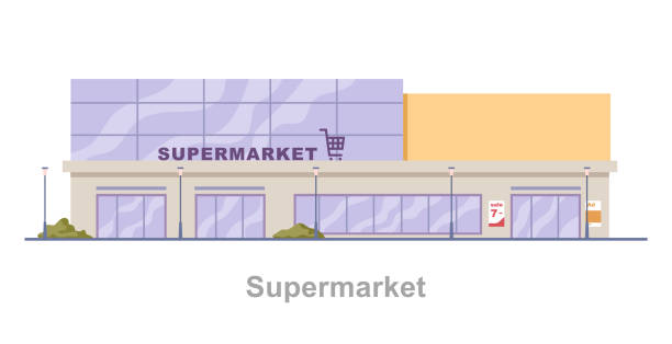 ilustrații de stoc cu fațada exterioară a supermarketului clădirii municipale. vector plat stil de desene animate, magazin alimentar izolat mare cu produse și bunuri pentru clienți. magazin cu lucruri de uz casnic și alimente, băuturi - centru comercial