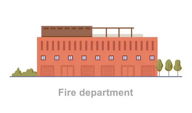 Vector illustration of Fire department or service station exterior. Vector flat cartoon style, isolated front view of municipal building with landscape. Public sector organization rescuing from flames and emergency