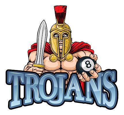 A spartan or trojan angry mean pool billiards mascot cartoon character holding a black 8 ball.