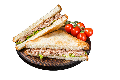 Healthy Tuna Sandwich with Lettuce on wooden board.  Isolated on white background