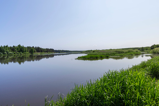 river in summer in sunny weather, a wide river in eastern Europe, the Neman