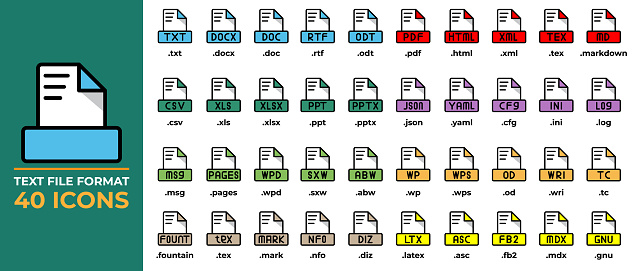 Set File format icons in flat style. txt, ppt, pdf, doc, csv. File format icon. vector illustration.