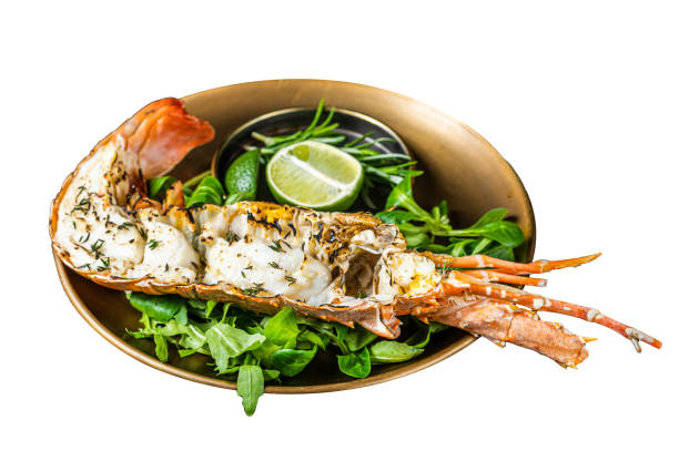 istock Grilled Spiny lobster with salad on a plate.  Isolated on white background. 2030080390