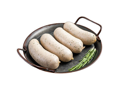Traditional German Bavarian white sausage in steel tray with mustard.  Isolated on white background