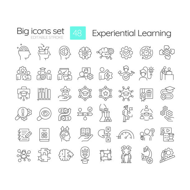 Experiential education types linear icons set Experiential education types linear icons set. Students achievements. Active experimentation. Customizable thin line symbols. Isolated vector outline illustrations. Editable stroke academic integrity stock illustrations