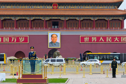 Beijing, China - November 15th 2018: Photo of Tiananmen Square, Gate of Heavenly Peace with Mao's Portrait and guard