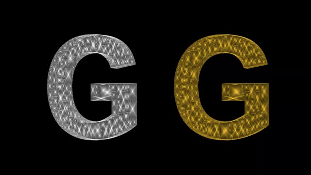 Spinning silver and golden 3d English alphabet G on plain black background