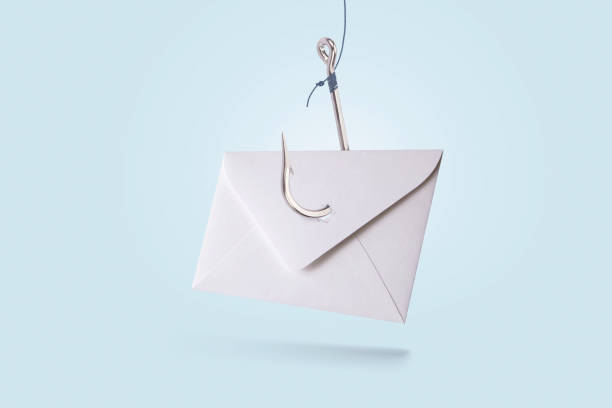 istock Paper mail letter with metal hook on blue pastel background, concept. Phishing and hacker attack via email, creative idea. Hackers and spam mailing. Data theft. Trap and deception 2030100121