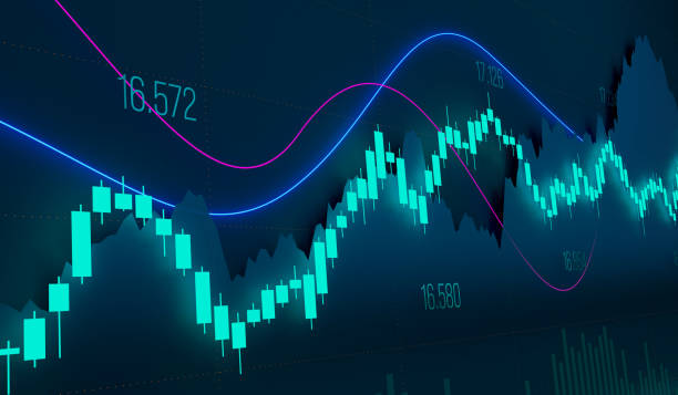 istock Blue illuminated candle stick chart with numbers and lines. 2030108175
