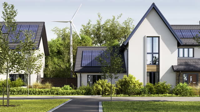 Street with Solar-Powered Homes and Wind Turbines