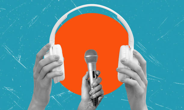 istock An artistic collage featuring modern headphones and a retro microphone on a blue background. 2030114094
