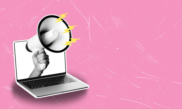 istock Art collage, laptop and megaphone on pink background with copy space. 2030114099