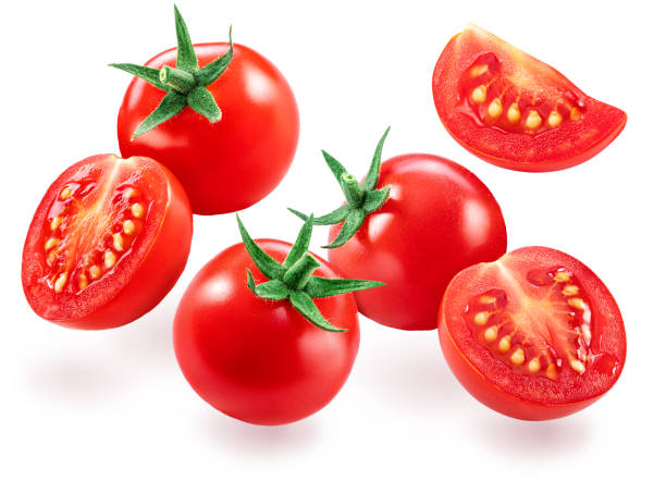 istock Red cherry tomatoes on branch with water drops isolated on white background. 2030119518