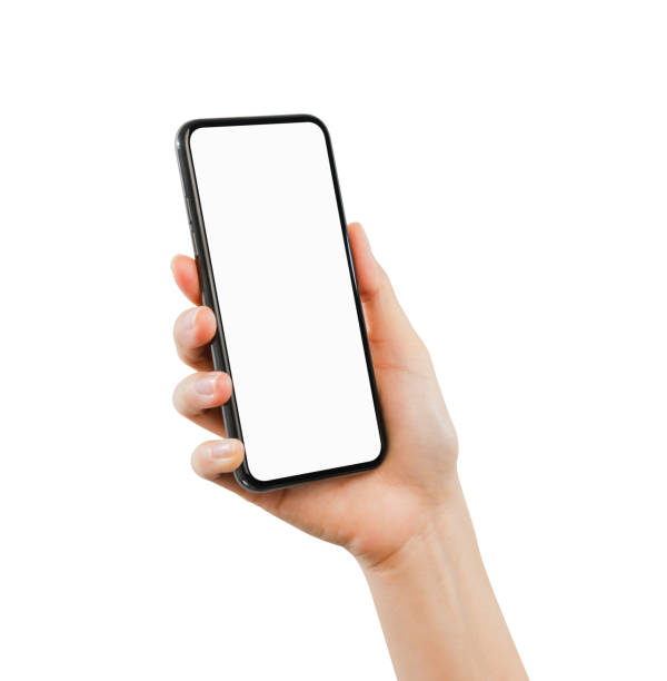 istock Hand holding the black smartphone with blank screen on white background, Clipping path. 2030129620