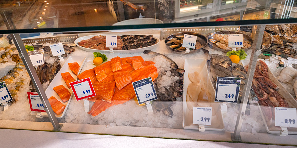 Fish market of Bergen: lobster, crab and other seafood from Norway.