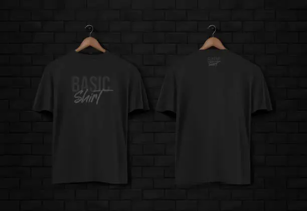 Vector illustration of Men's black short sleeve t-shirt mockup in black wall surface with dark bricks. Front view. Vector template.