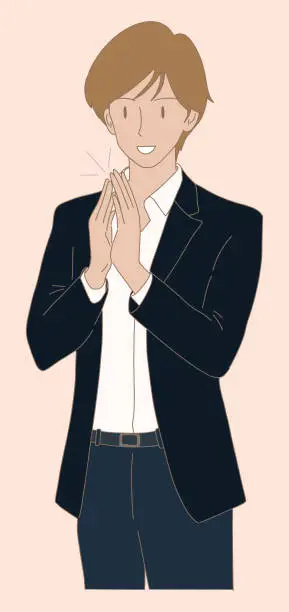 Vector illustration of Cheerful businessman in formal clothes clapping, applauding hands, showing appreciation. Hand drawn flat cartoon character vector illustration.