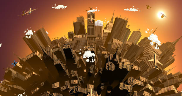 Crowded and big city on rotating earth. Airplanes flying. Overpopulated earth covered by cities 3d illustration render.