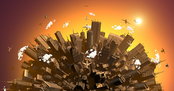 Flying over crowded cities. Earth is rotating. Overpopulated cities all over the earth surface. 3d abstract concept animation.