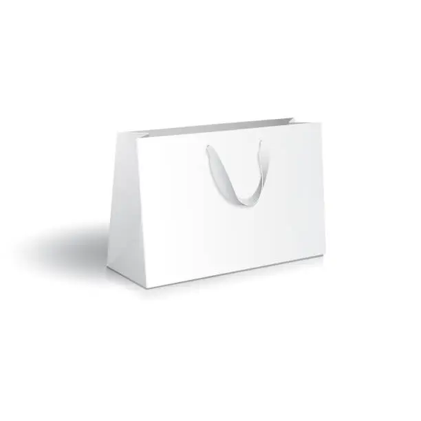 Paper shopping bag mockup. Blank white paper shopping bag or gift bag with white ribbon handles mockup template. Isolated on white background. Ready to use for branding design. Vector illustration. Paper shopping bag mockup. Blank white paper shopping bag or gift bag with white ribbon handles mockup template. Isolated on white background. Ready to use for branding design. Vector illustration.