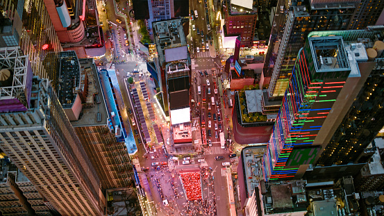 Aerial view of traffic moving on street, Times Square, Central Manhattan, New York City, New York State, USA.