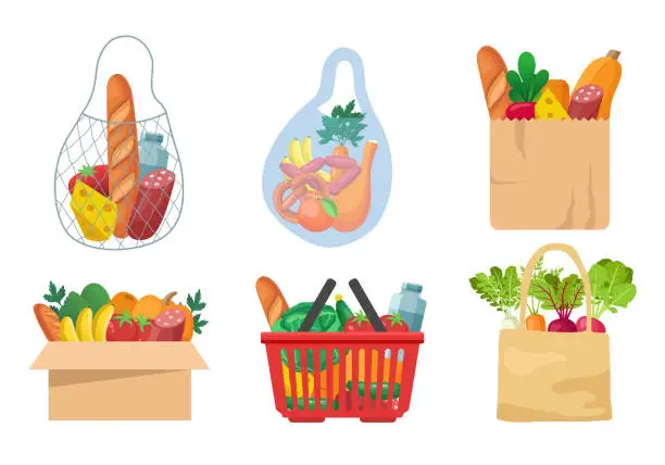 Vector illustration of Grocery bags with food. Set of packaged food products. Vector illustration isolated on white background.