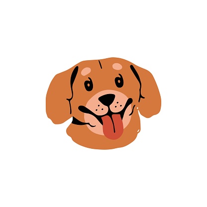 Cute dog avatar. Puppy shows tongue portrait. Amusing doggy head. Funny domestic animal face, happy pet muzzle. Small pooch snout. Adorable pup. Flat isolated vcetor illustration on white background.