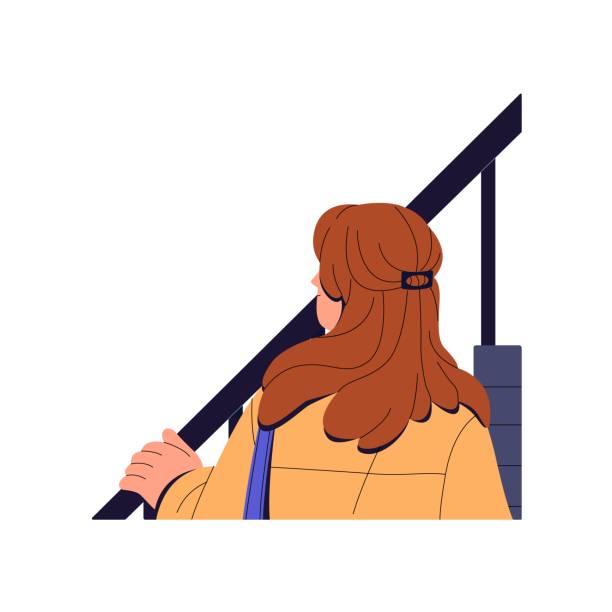 Ascending girl holds hand on banister back view. Young woman climbs stairs. Person goes up on stairway. Character steps on ladder upstairs. Flat isolated vector illustration on white background Ascending girl holds hand on banister back view. Young woman climbs stairs. Person goes up on stairway. Character steps on ladder upstairs. Flat isolated vector illustration on white background. girl climbing ladder stock illustrations