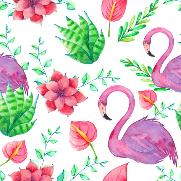 istock Tropical seamless pattern with watercolor exotic flowers and leaves. Hand painted summertime jungle plants for print, packaging, greeting cards. 2030173491