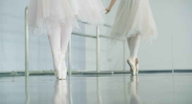 Close-up Unrecognizable Ballerina's Legs Performing in Pointe Shoes at Studio.