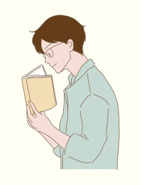 Vector illustration of Shortsighted man wearing glasses, having difficulty to see text. Smart guy holding, reading book. Eyesight and vision bad problem health. Hand drawn flat cartoon character vector illustration.