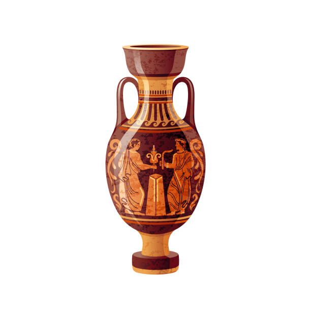 istock Greek vase. Ancient pottery vector. 3d antique amphora. Greece mythology. Old ceramic art painting. Myth jug, roman urn pattern. Vintage grunge pot jar. Classic red figure greek vase withg ancient god 2030187451