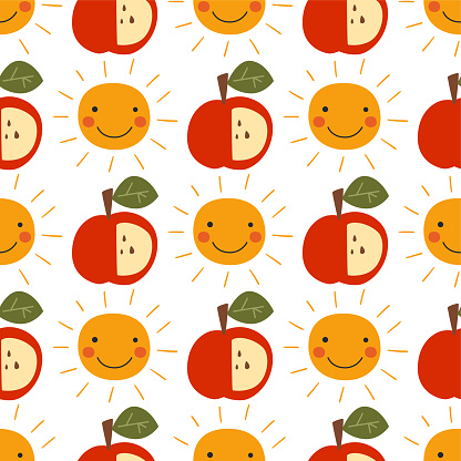 Cute red apples and smiling sun seamless pattern. Summer kids repeat background with fruits, textile design, wallpaper in childish style. Funny nursery print, hand drawn harvest illustration.