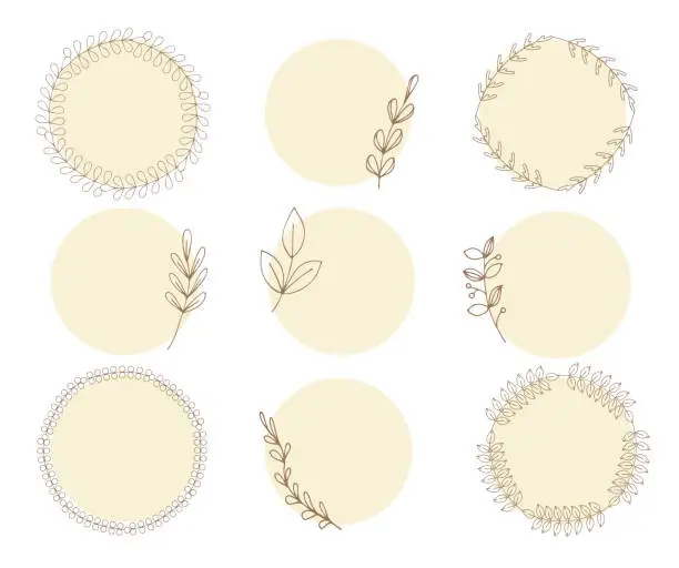 Vector illustration of Highlight round covers social media stories. Vector elements leaves copy space for blog, labels, cards. Minimalistic background. Botanical design.