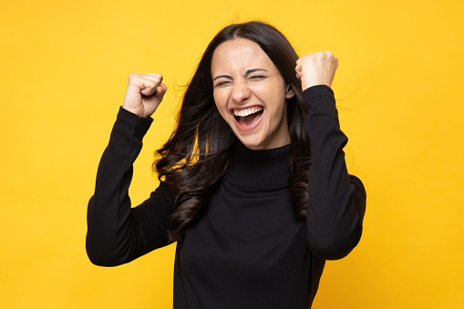 Portrait of nice attractive girl copy space isolated bright yellow background