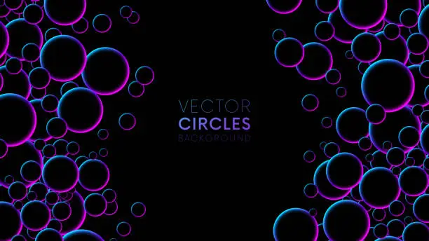 Vector illustration of Futuristic flying neon glowing circles spheres or bubbles