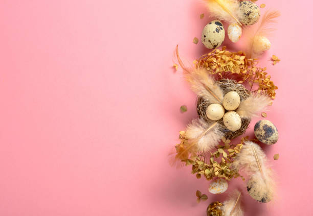 istock Easter composition with quail eggs, feathers, and dried flowers. 2030204937