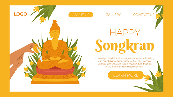 Songkran, Bathing the Buddha statue, blessing holy water and pay respect for traditions. Thailand New Year. Vector landing page website template in flat style for celebrating.