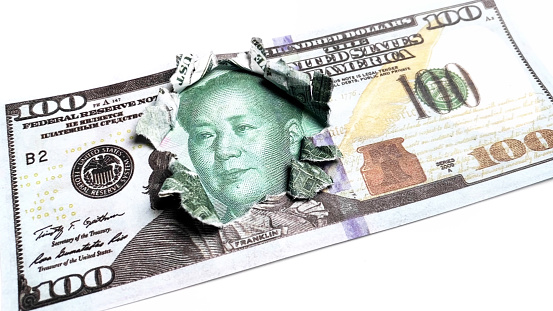 Mao portrait on American money, USA dollar background, Chinese yuan and dollars banknotes