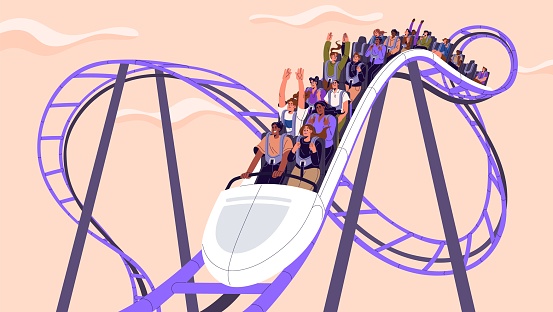 Excited people ride on high roller coaster. Happy men, women enjoy of speed, scream on extreme attractions. Friends company fun entertainment in amusement park on holiday. Flat vector illustration.