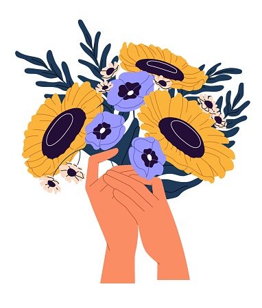 Female hands with bouquet of cut sunflowers. Woman holds posy of blossom garden plants, sprigs of windflowers. Flowers, floral composition, nature gift. Flat isolated vector illustration on white.