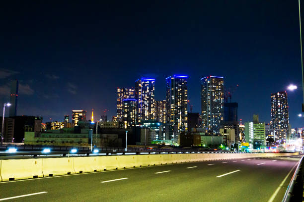 Urban night view and asphalt road